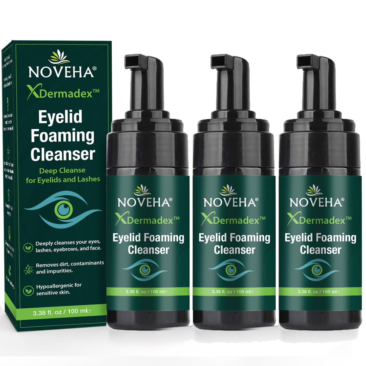 NOVEHA front packaging showing three 3.38 fl oz bottles and clear benefit