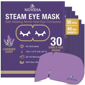 NOVEHA front packaging showing 30 lavender steam eye masks and benefits