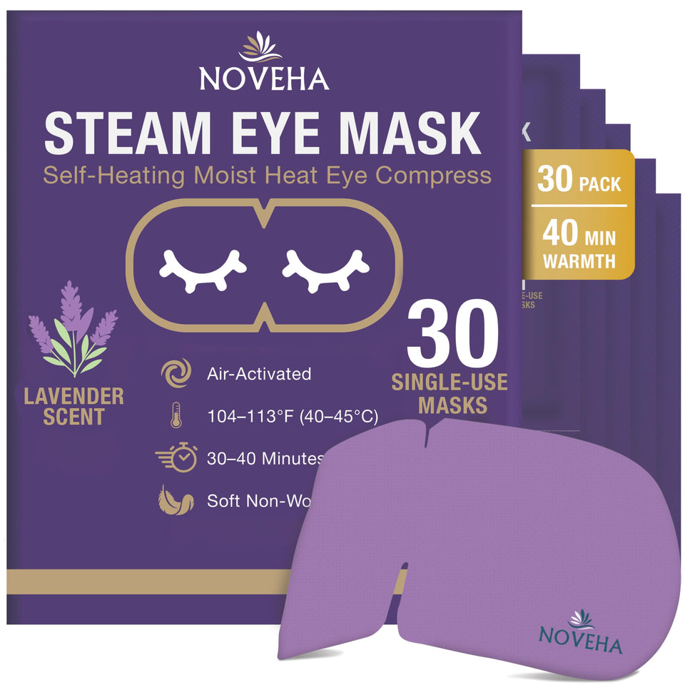 NOVEHA front packaging showing 30 lavender steam eye masks and benefits