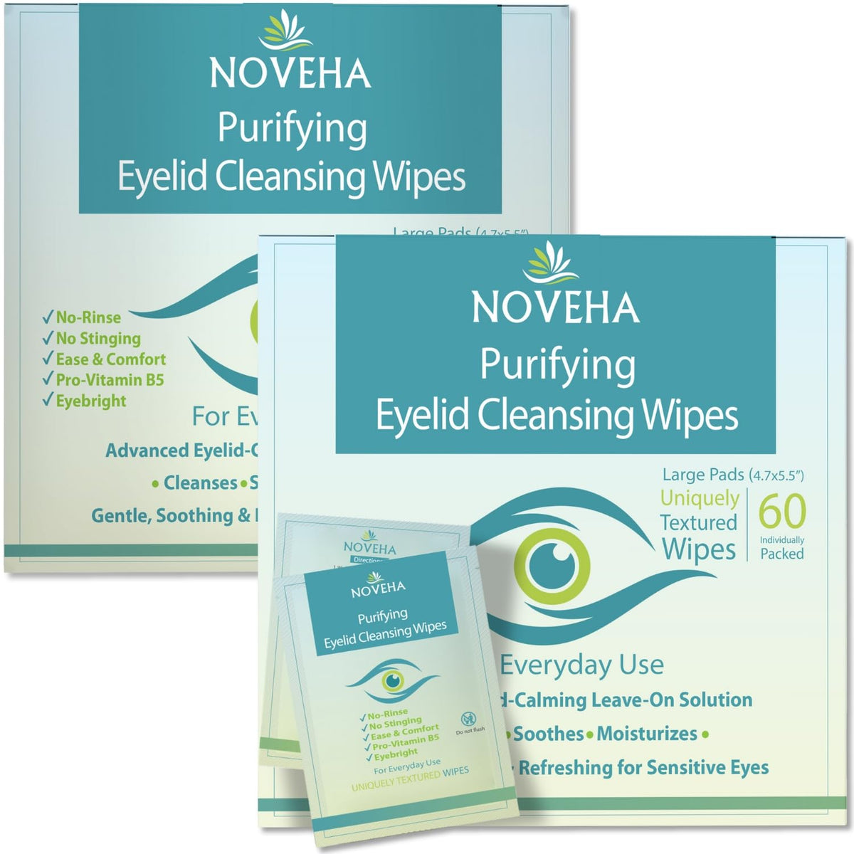 NOVEHA front packaging showing 120 wipes and product benefits