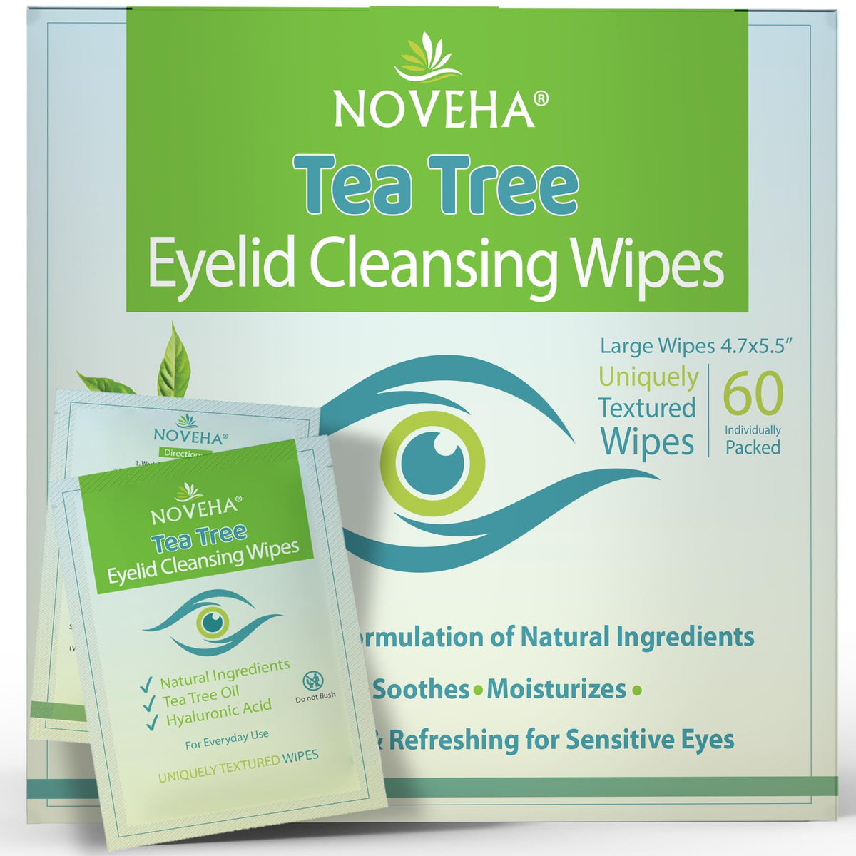 NOVEHA front packaging showing 60 individually wrapped eyelid wipes and benefits