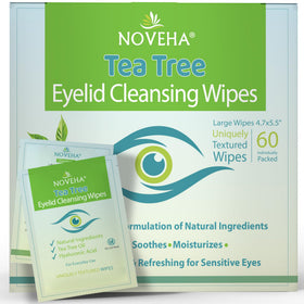 NOVEHA front packaging showing 60 individually wrapped eyelid wipes and benefits