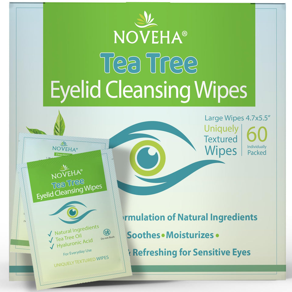 NOVEHA front packaging showing 60 individually wrapped eyelid wipes and benefits