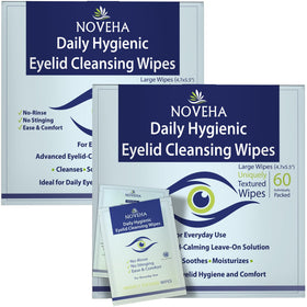 NOVEHA front packaging showing 120 wipes for daily eyelid hygiene and convenience