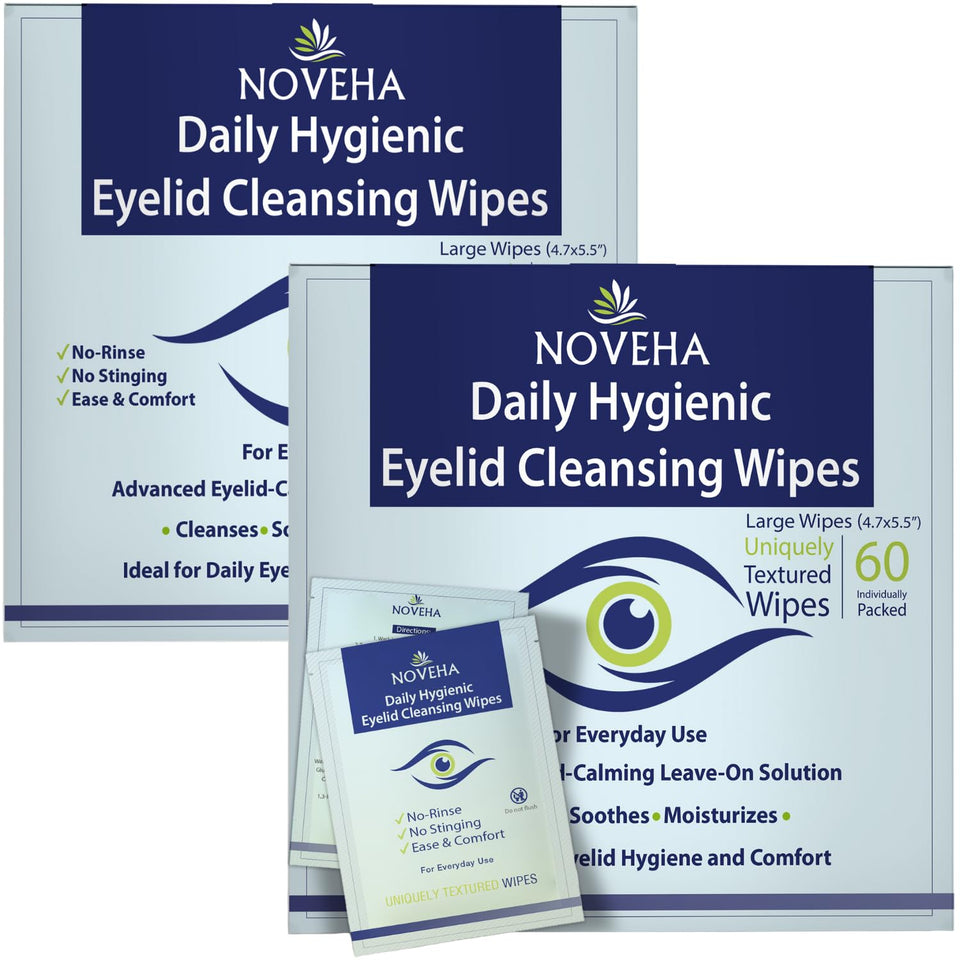 NOVEHA front packaging showing 120 wipes for daily eyelid hygiene and convenience