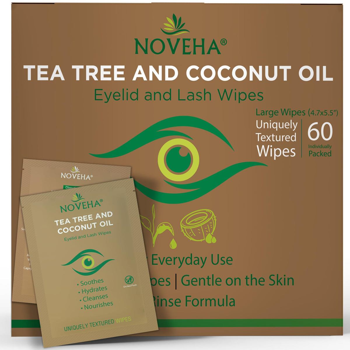 NOVEHA front packaging showing 60-count eye wipes for daily hygiene