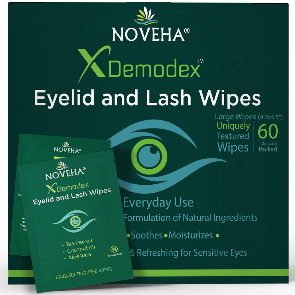 NOVEHA front packaging showing box of 60 wipes and brand for easy storage