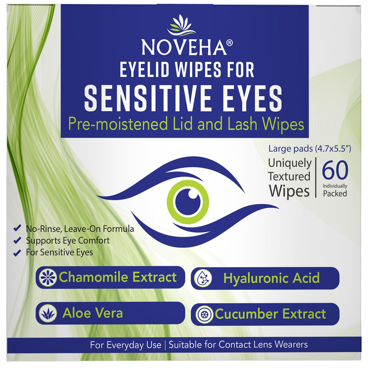 NOVEHA front packaging showing 60 individually wrapped eyelid wipes for convenient cleansing