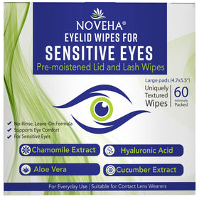 NOVEHA front packaging showing 60 individually wrapped eyelid wipes for convenient cleansing