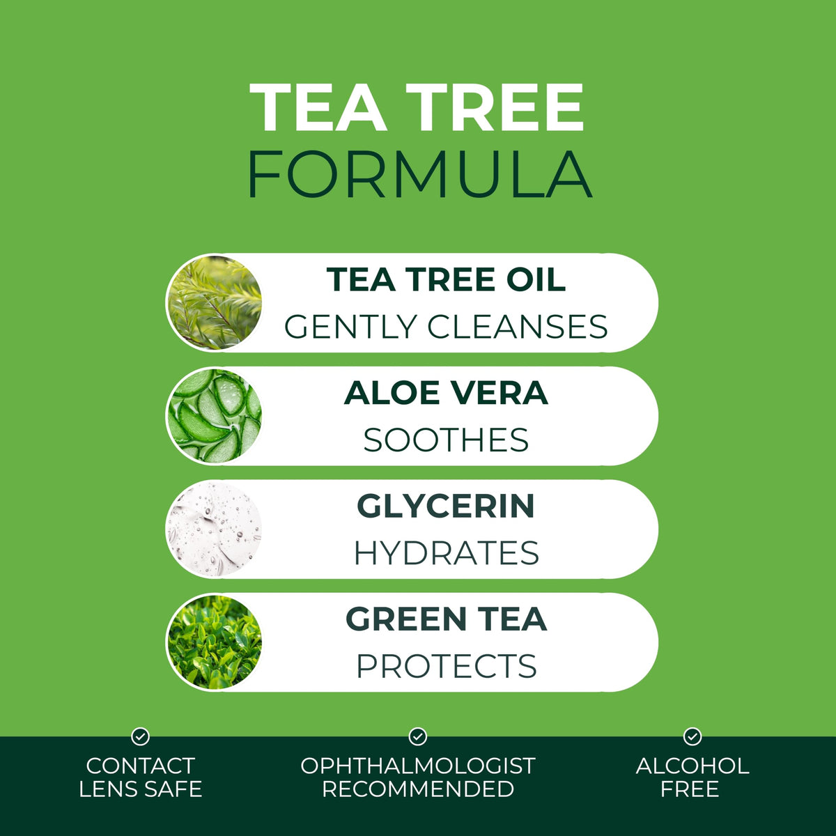 NOVEHA ingredients display with tea tree, green tea, chamomile, hyaluronic