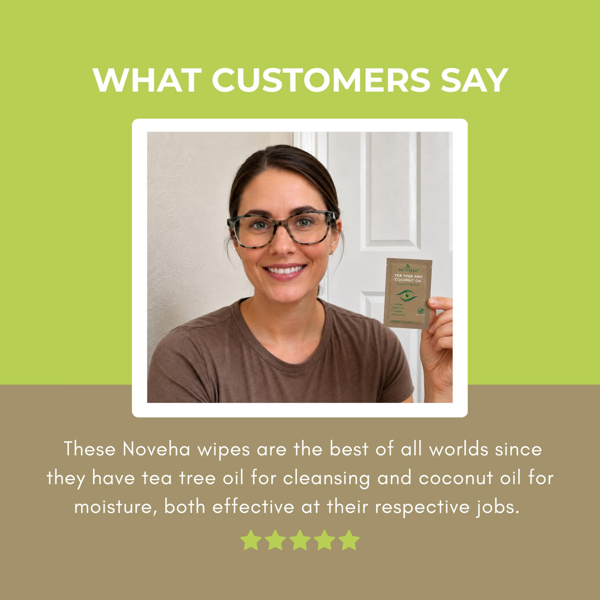 NOVEHA ingredients label detail highlighting tea tree, coconut oil, and aloe