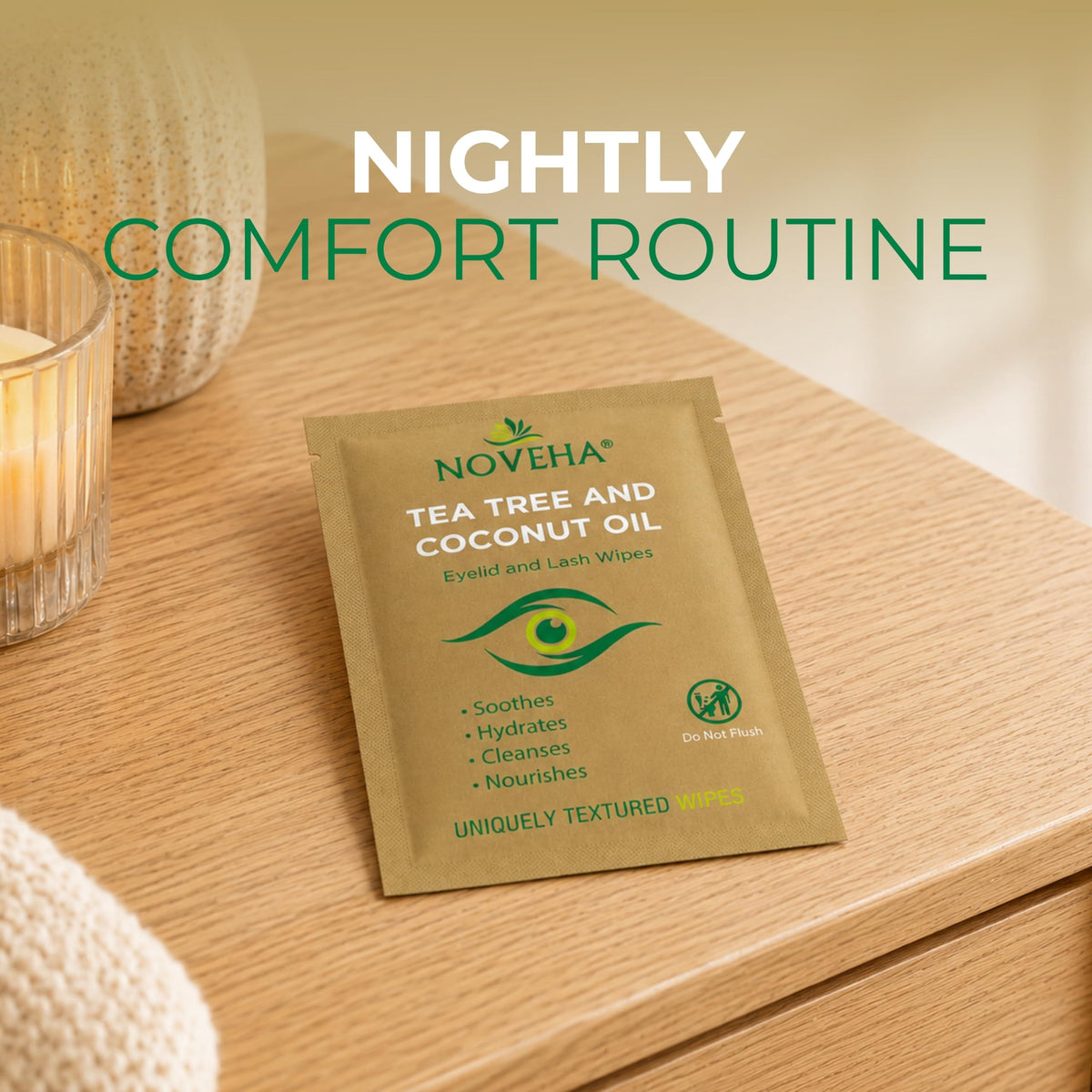 NOVEHA pack on bathroom counter illustrating at-home daily hygiene routine