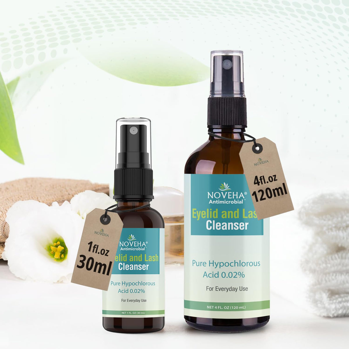 NOVEHA bottle on bedside table as part of nightly eyelid routine