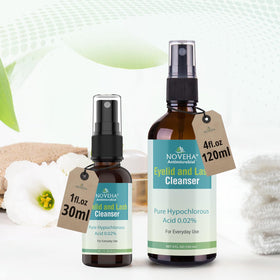 NOVEHA bottle on bedside table as part of nightly eyelid routine