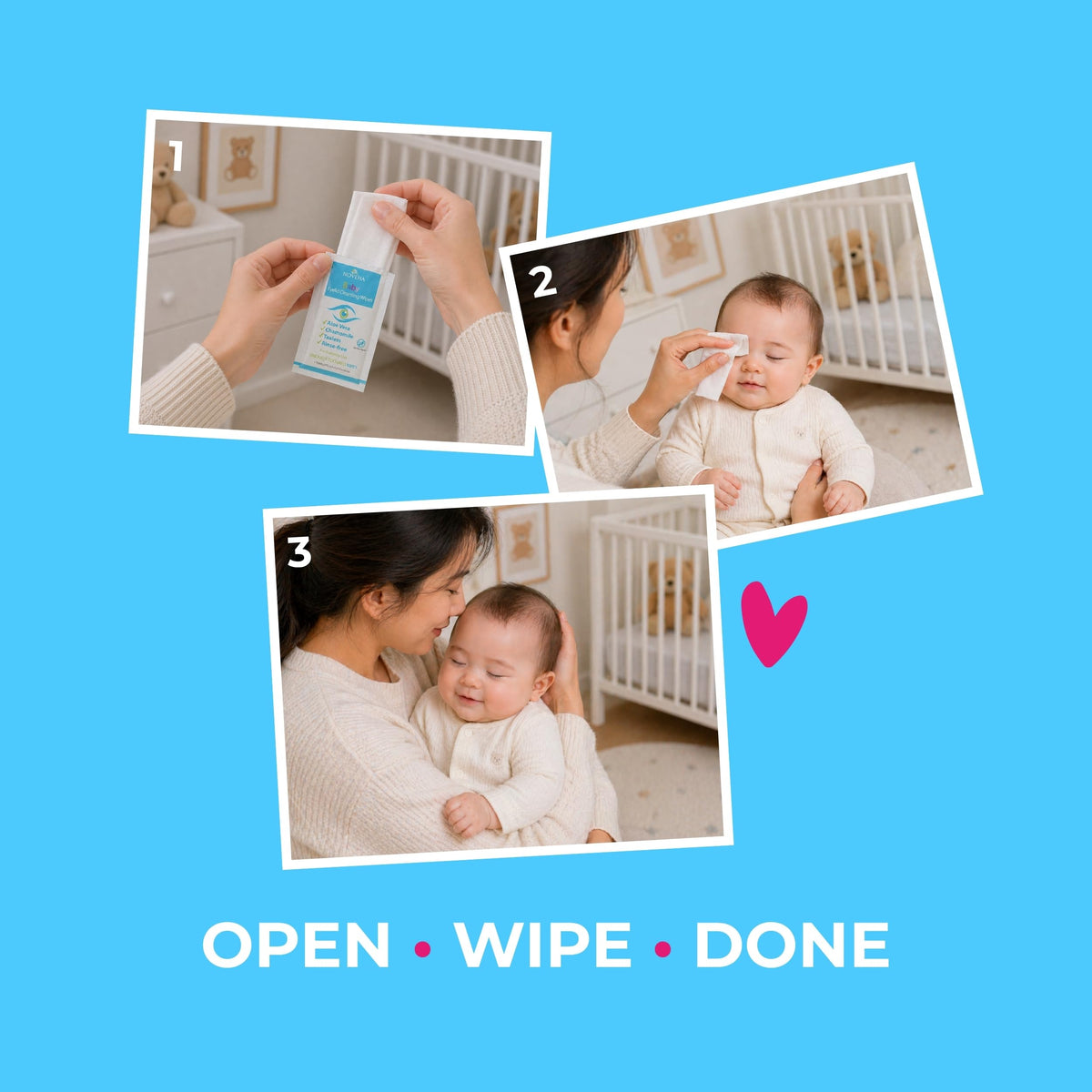 NOVEHA wipe gently cleaning an infant eye showing safe, soothing care