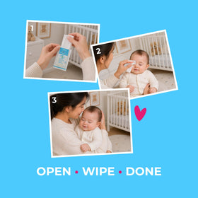 NOVEHA wipe gently cleaning an infant eye showing safe, soothing care