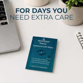 NOVEHA wipe in hand being used to clean eyelid for quick relief
