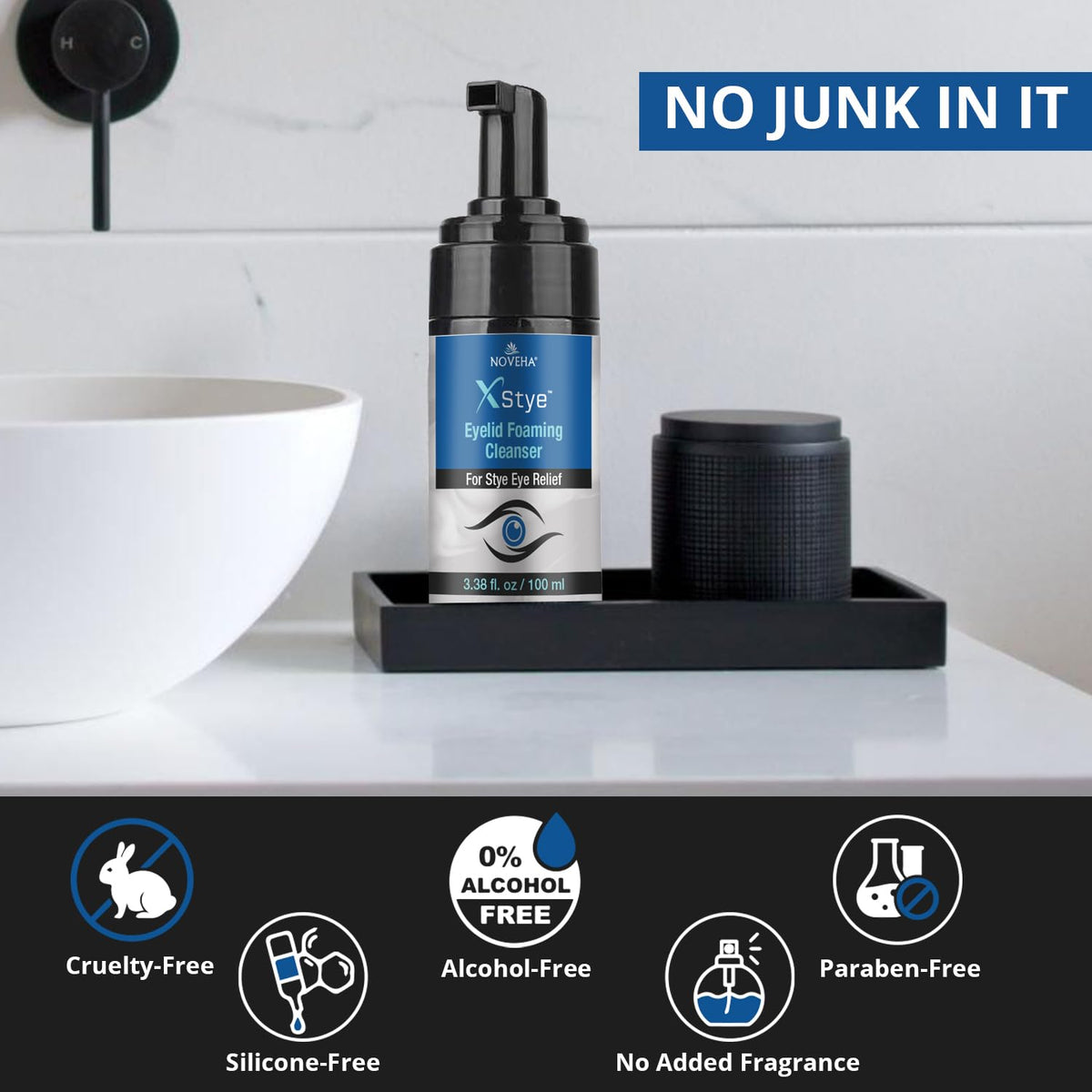 NOVEHA bottle size scale next to ruler indicating compact 100 mL portability