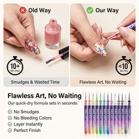NOVELROCK pen in use creating a thin line on a nail for precise strokes