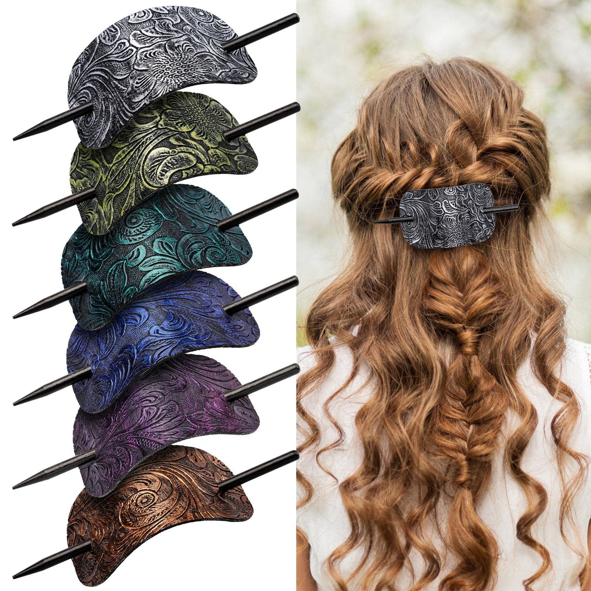 Noverlife front view of six square leather barrettes showing colors and shape benefit