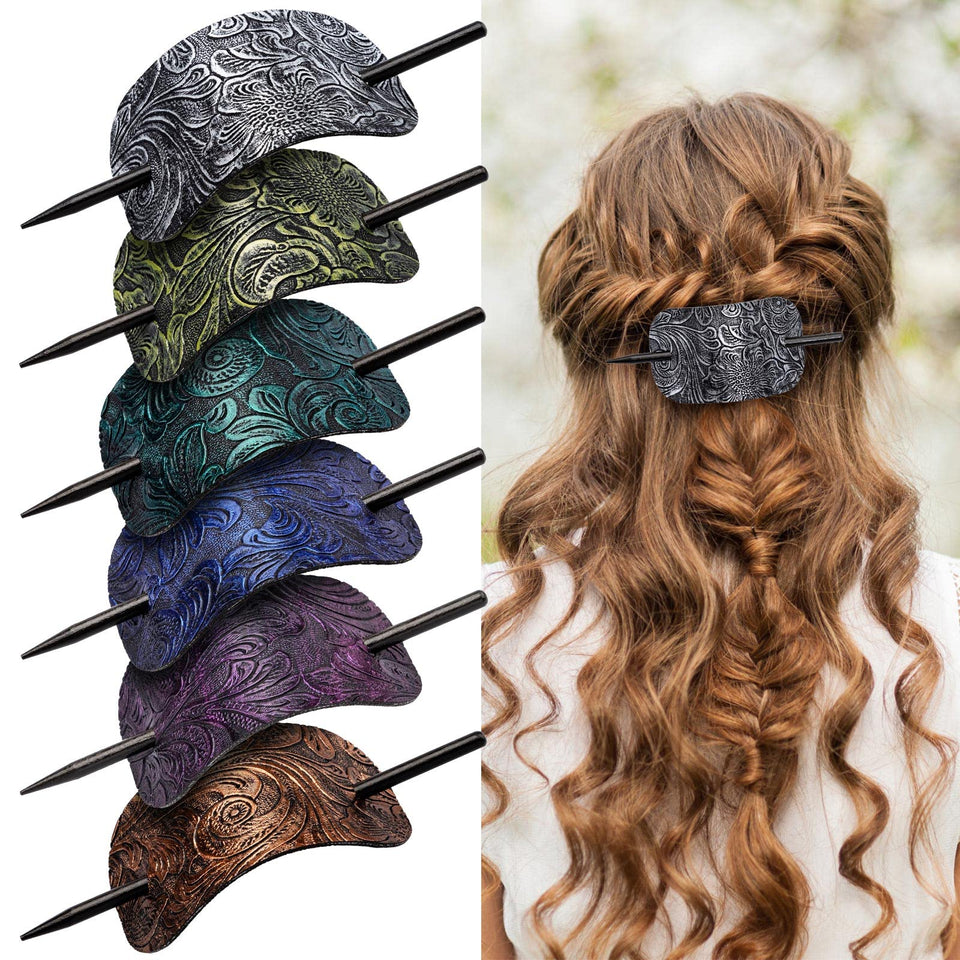 Noverlife front view of six square leather barrettes showing colors and shape benefit