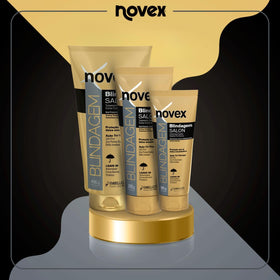 NOVEX on a bathroom shelf lifestyle shot showing daily-ready styling protection and polish