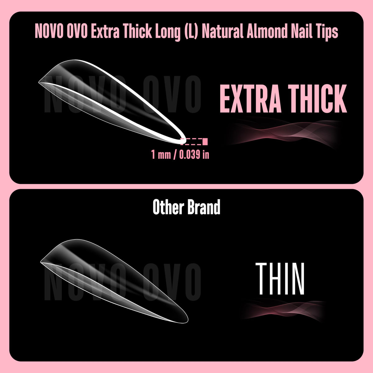 NOVO OVO close-up of thin cuticle edge detail, easier no-filing application benefit