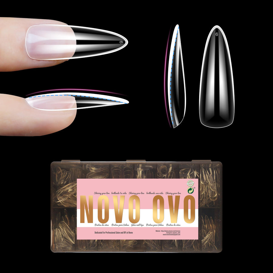 NOVO OVO front packaging showing 450pcs almond tips, clear identification and quantity