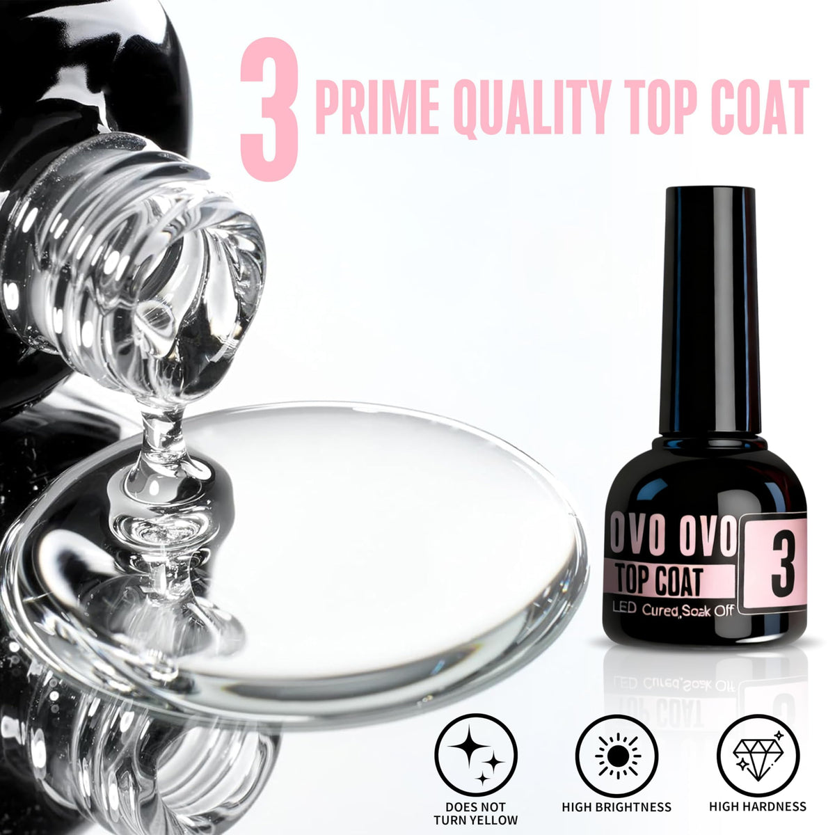 NOVO OVO black bottle close-up showing no-wipe top coat finish