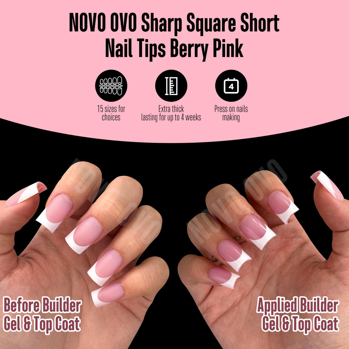 NOVO OVO finished nails with builder gel and top coat for glossy, long-lasting shine