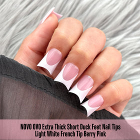 NOVO OVO close-up of moon curve light white French tip highlighting precise smile line