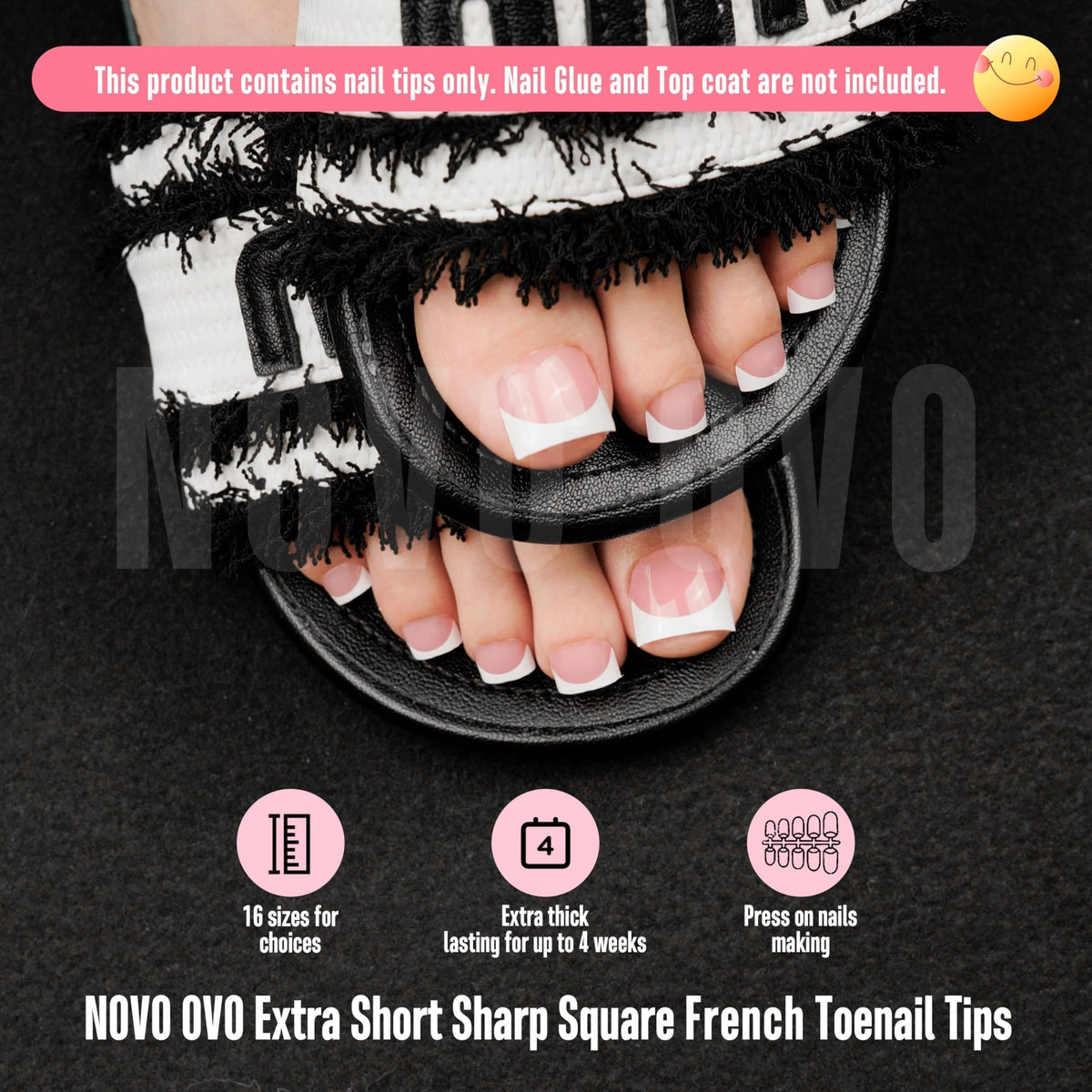 NOVO OVO close-up of sharp square white French tip highlighting smooth pre-primed edge