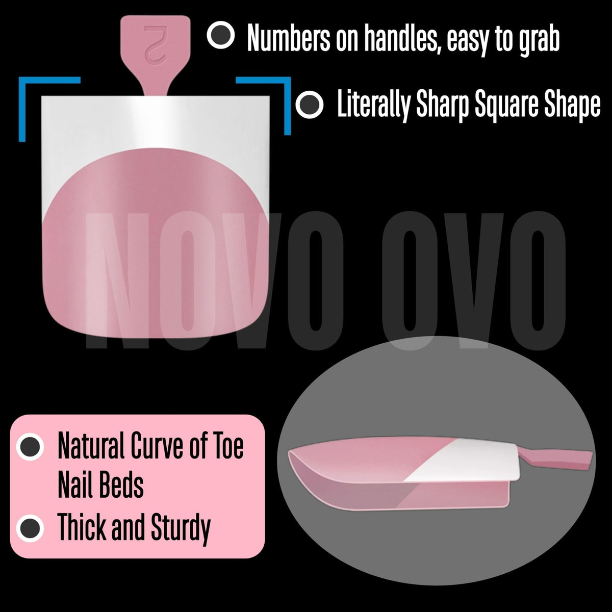 NOVO OVO close-up of sharp square tip showing clean edge for crisp French tips