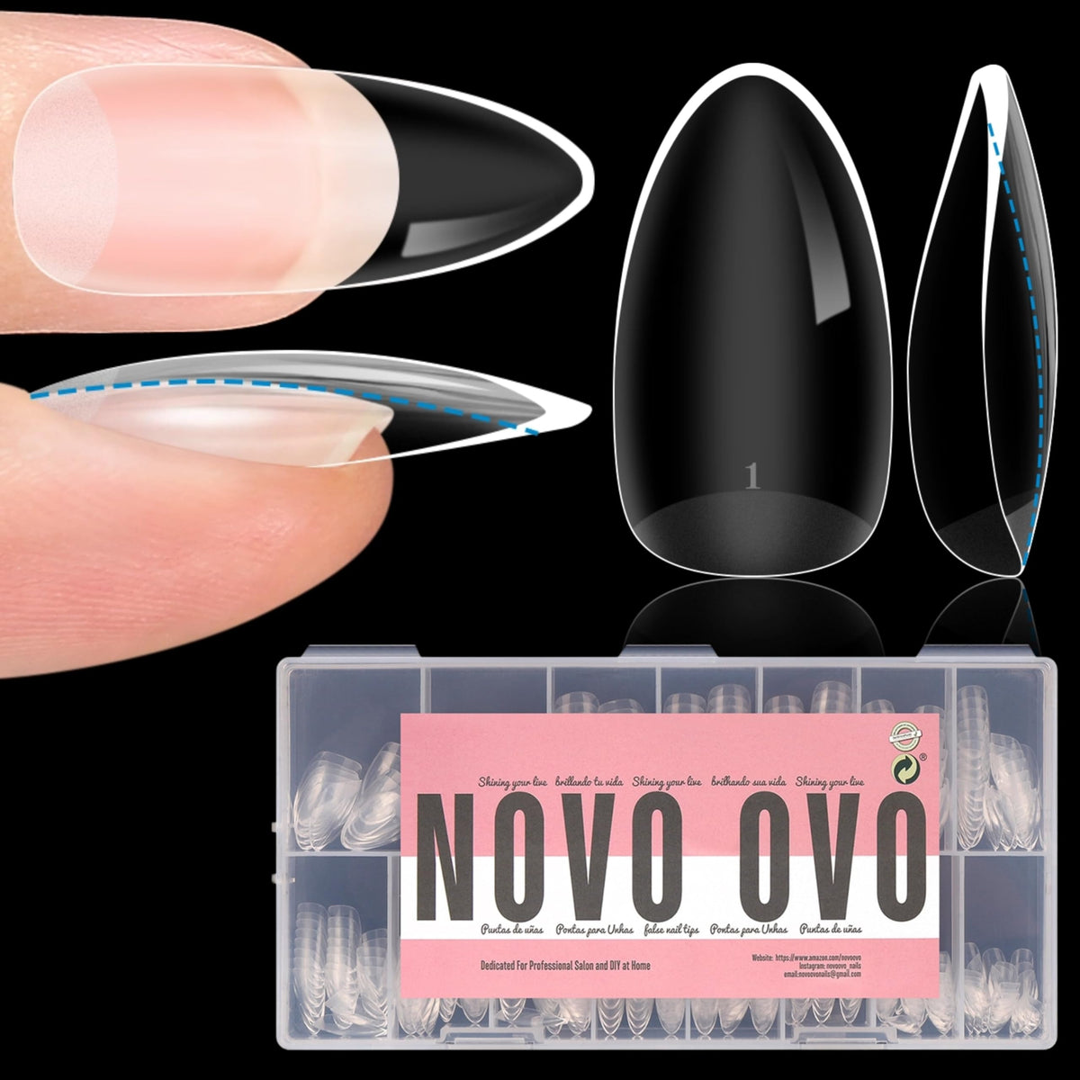 NOVO OVO front packaging showing 336-piece almond set and benefits