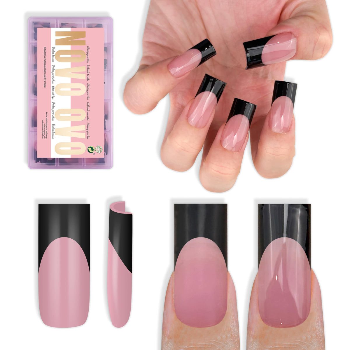 NOVO OVO front packaging showing berry pink nails and black French tips, ready to wear