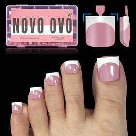 NOVO OVO front packaging showing berry pink press-on toenails and contents benefit quick setup