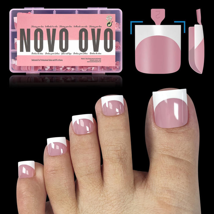 NOVO OVO front packaging showing berry pink press-on toenails and contents benefit quick setup
