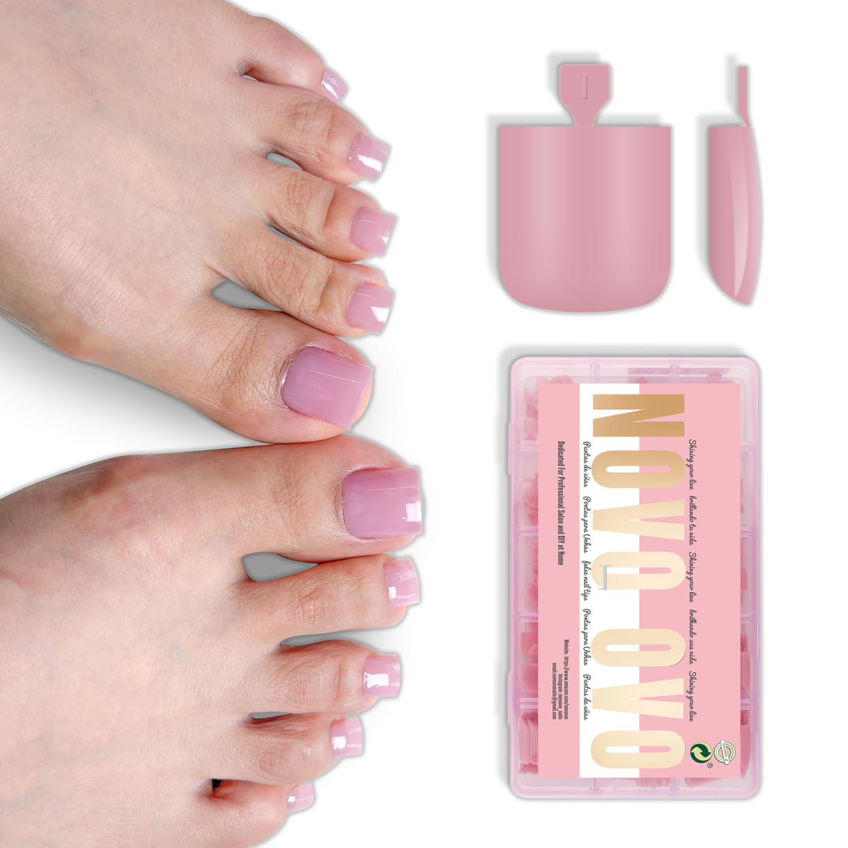 NOVO OVO front packaging showing berry pink press-on toe tips and quantity benefit