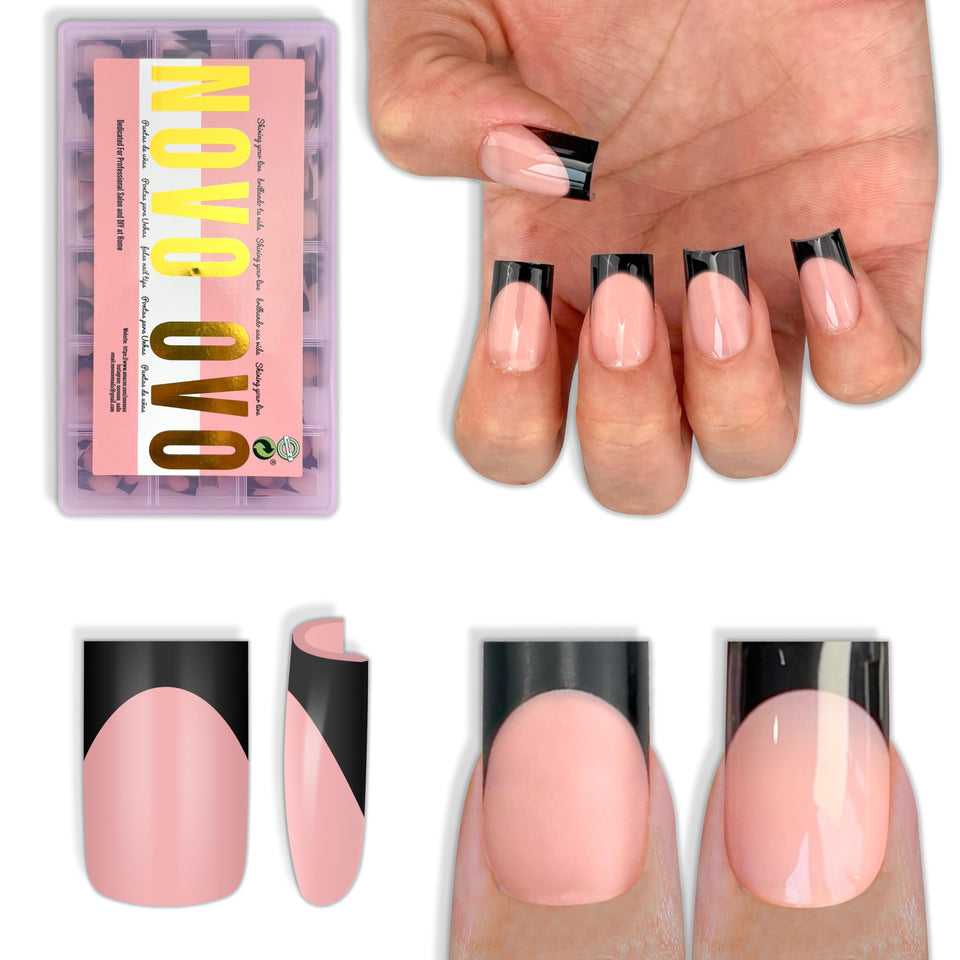 NOVO OVO front packaging showing black French tip set and quantity benefit