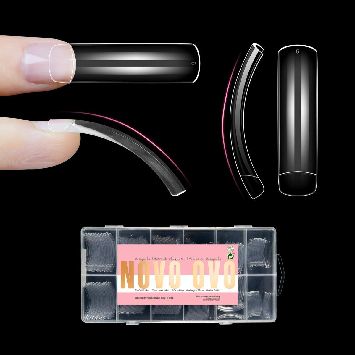NOVO OVO front packaging showing 240 clear nail tips and sizes for salon readiness