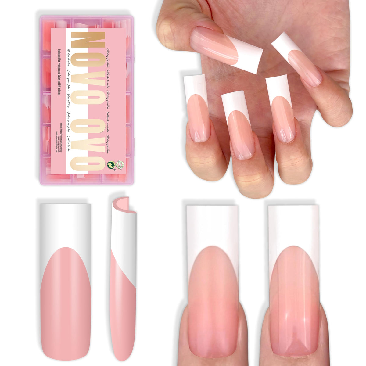 NOVO OVO front packaging showing baby pink set and included gels for instant salon results