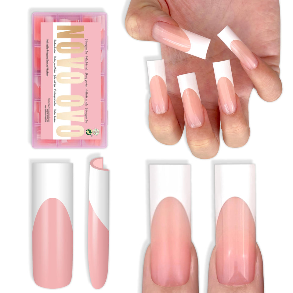 NOVO OVO front packaging showing baby pink set and included gels for instant salon results