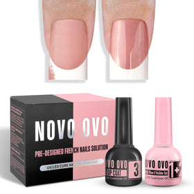 NOVO OVO front packaging of French Tip Solution Kit showing included bottles and tips for easy setup