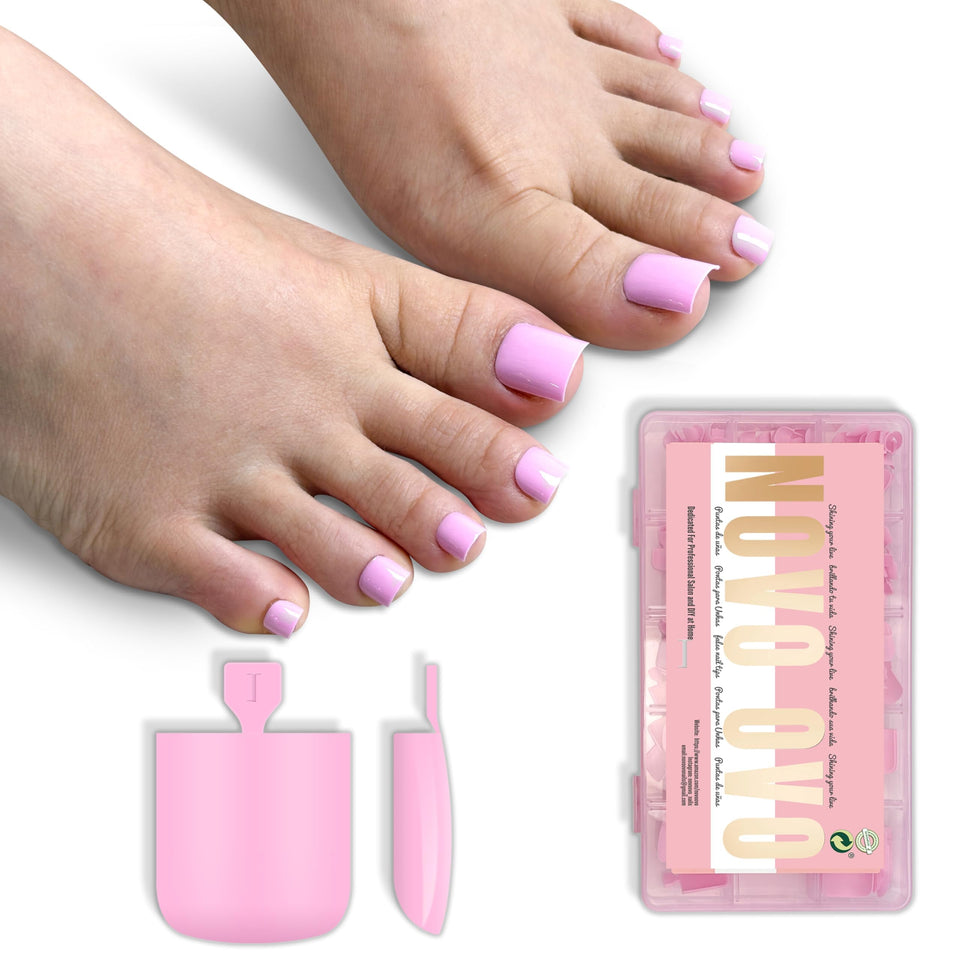 NOVO OVO front packaging showing 240 pink press-on toenails and sizing benefit