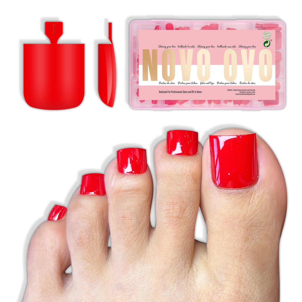 NOVO OVO front packaging showing 240 red toe tips and benefits