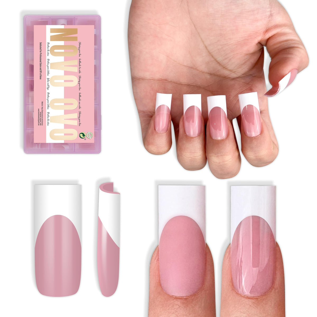NOVO OVO front packaging showing full 180-piece set and French tip design for easy selection
