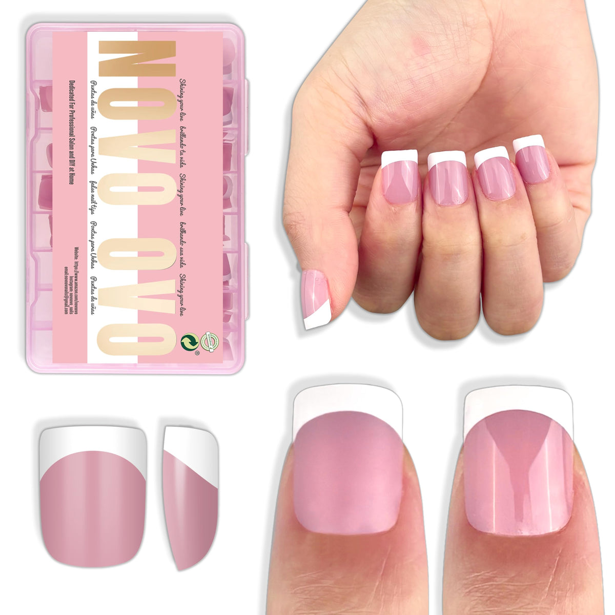 NOVO OVO front packaging showing 224 white French tip nails and quick-start benefit