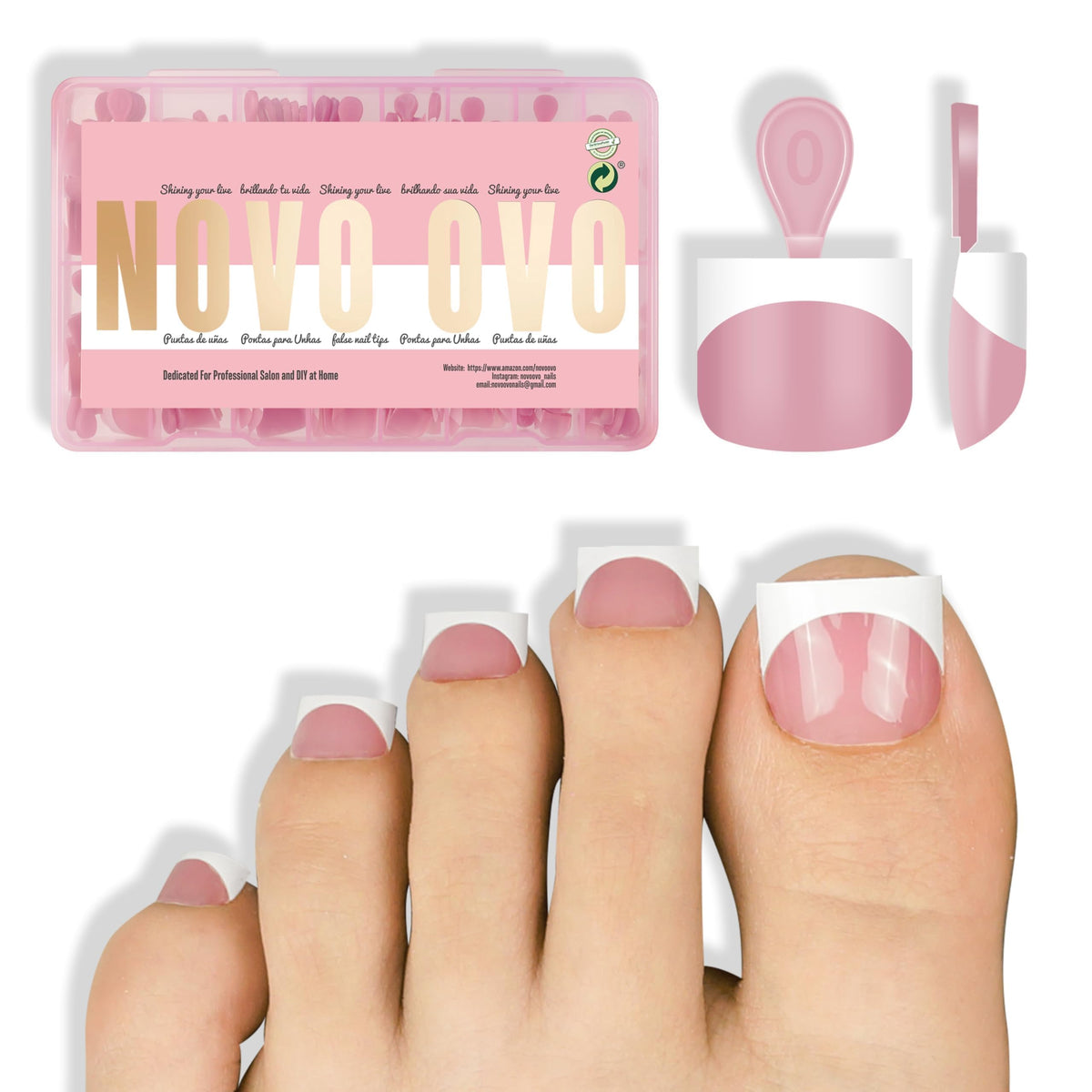 NOVO OVO front packaging showing white French tip set and 224-piece kit for easy pedicures