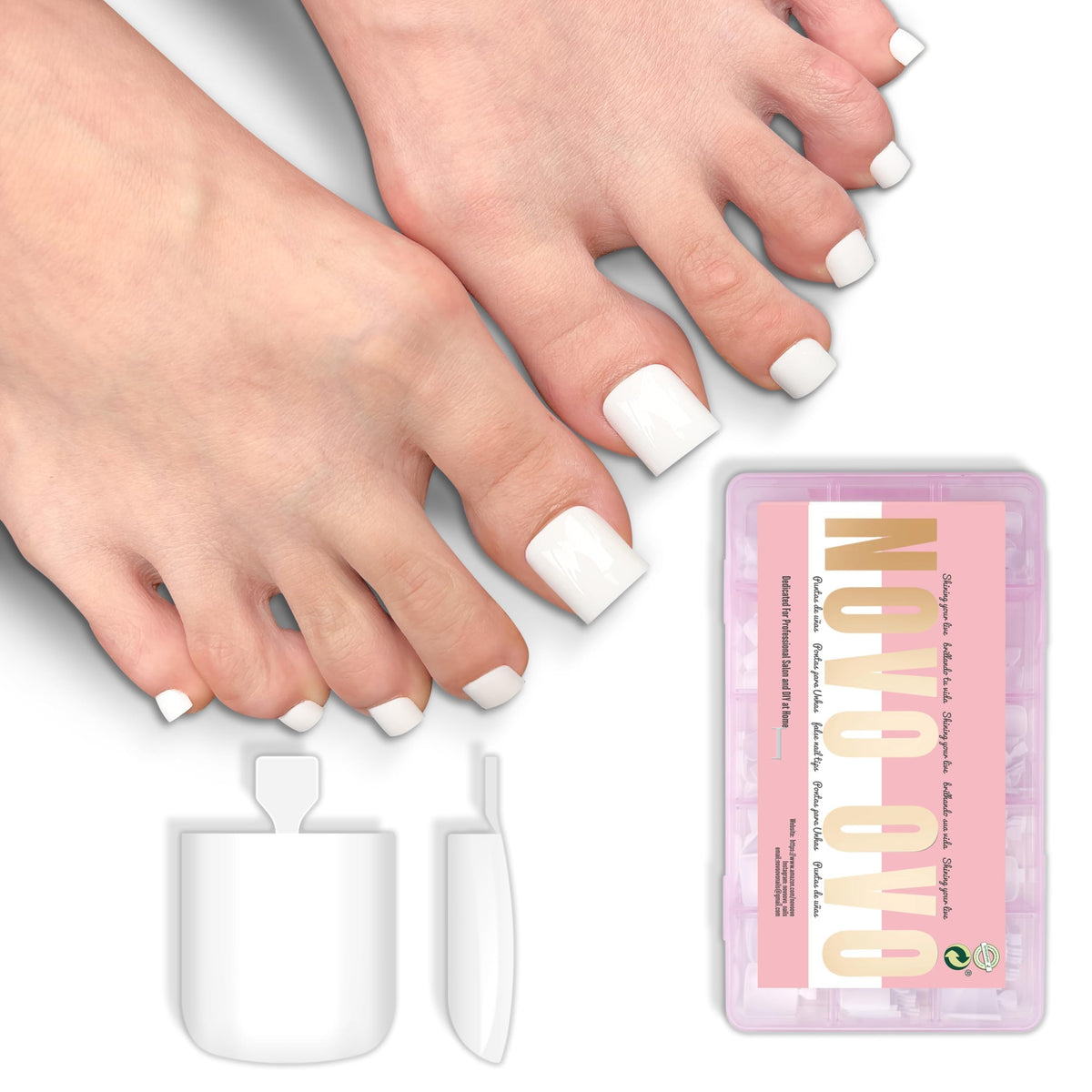 NOVO OVO front packaging showing 240 white square toe tips, quick pedicure benefit