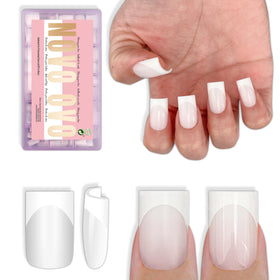 NOVO OVO front packaging showing 240-piece white French tip set and quick finish benefit